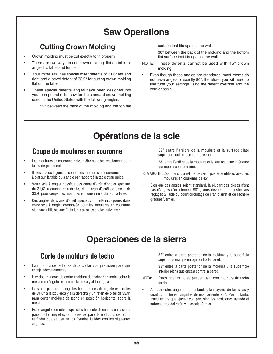 Operaciones de la sierra, Saw operations opérations de la scie, Corte de moldura de techo | Coupe de moulures en couronne, Cutting crown molding | Bosch 3924-24 User Manual | Page 65 / 92