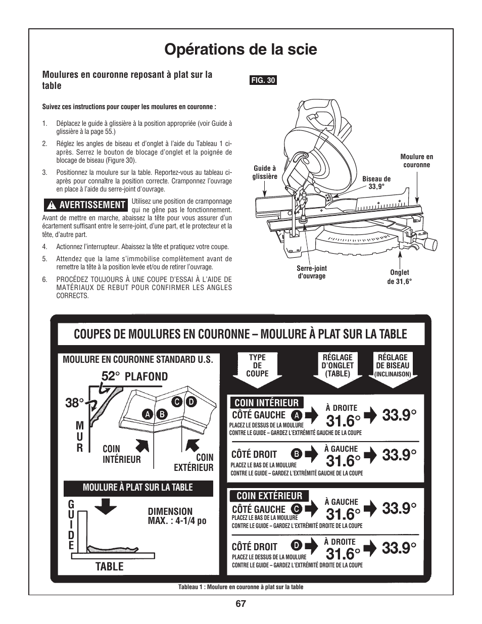 Opérations de la scie, Plafond m u r, Table | Bosch 3924-24 User Manual | Page 67 / 92