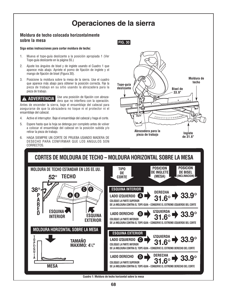Operaciones de la sierra | Bosch 3924-24 User Manual | Page 68 / 92