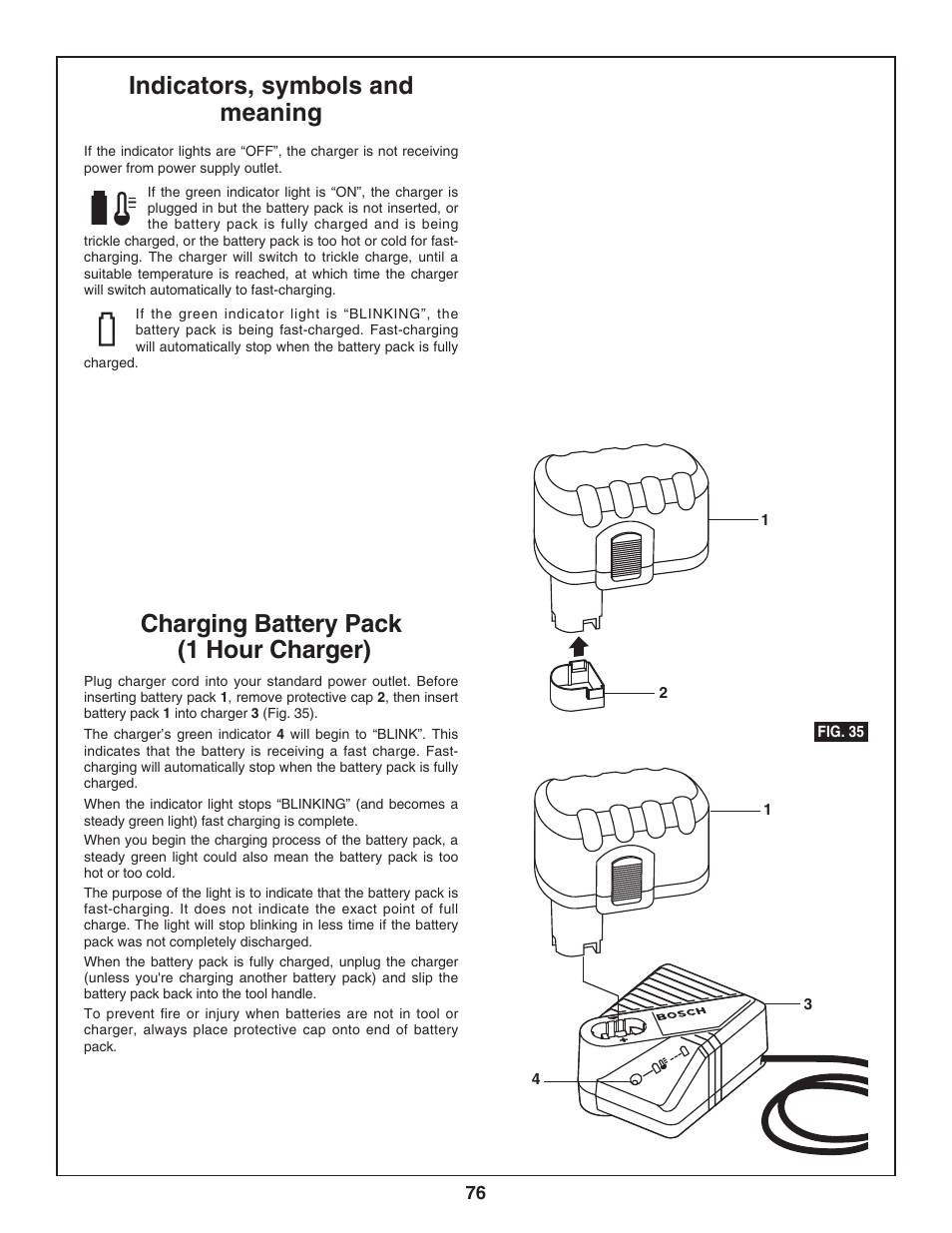 Charging battery pack (1 hour charger), Indicators, symbols and meaning | Bosch 3924-24 User Manual | Page 76 / 92