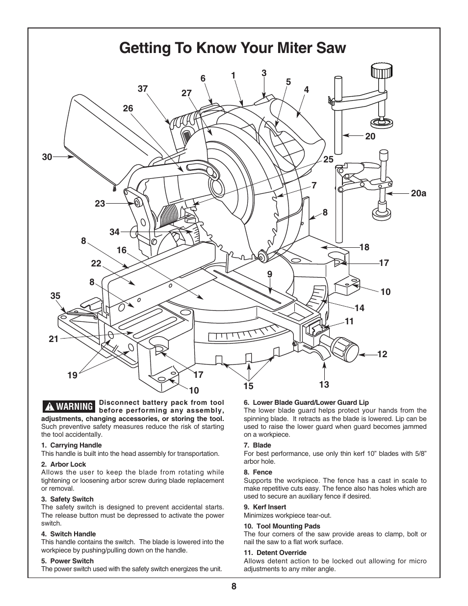 Getting to know your miter saw | Bosch 3924-24 User Manual | Page 8 / 92