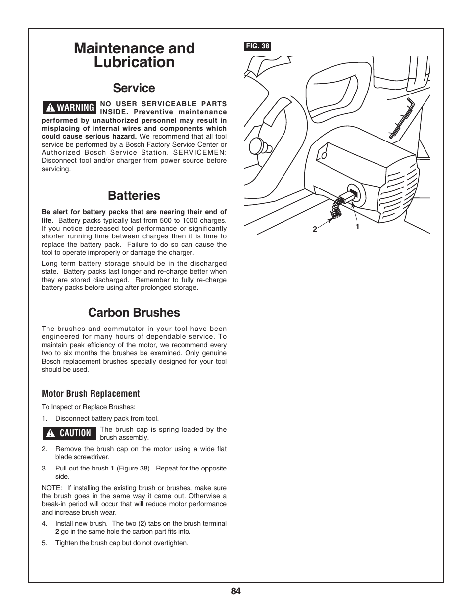 Maintenance and lubrication, Service, Batteries | Carbon brushes | Bosch 3924-24 User Manual | Page 84 / 92