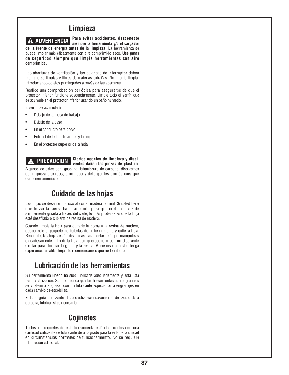 Limpieza, Cuidado de las hojas, Lubricación de las herramientas | Cojinetes | Bosch 3924-24 User Manual | Page 87 / 92