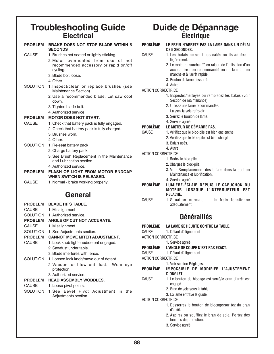 Troubleshooting guide, Duide de dépannage, Electrical | Électrique, General, Généralités | Bosch 3924-24 User Manual | Page 88 / 92