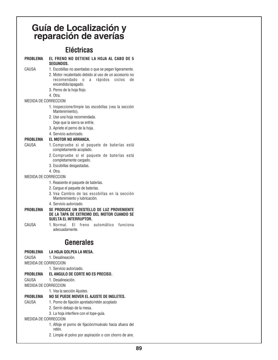 Guía de localización y reparación de averías, Eléctricas, Generales | Bosch 3924-24 User Manual | Page 89 / 92