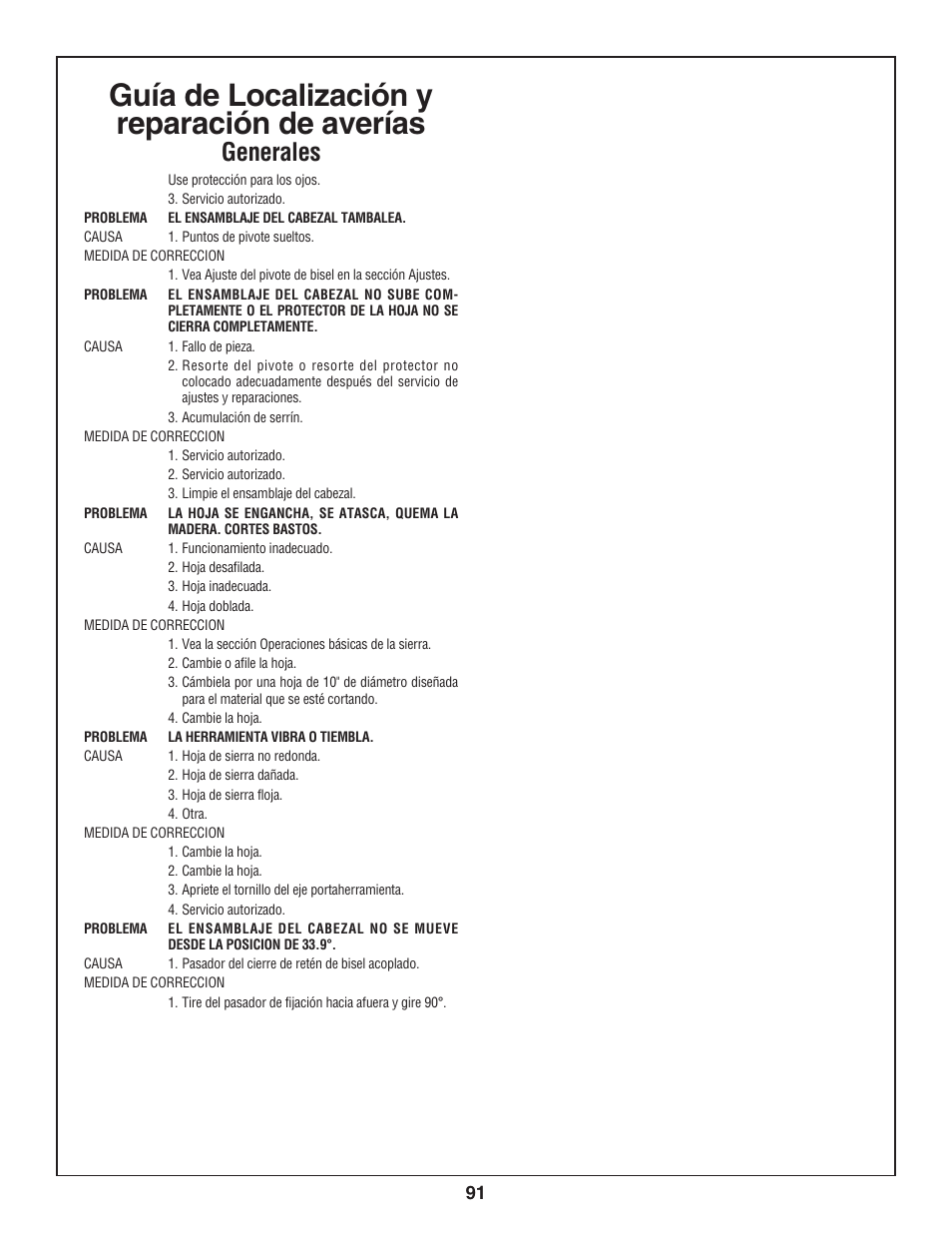 Guía de localización y reparación de averías, Generales | Bosch 3924-24 User Manual | Page 91 / 92