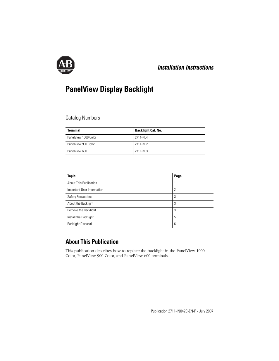 Rockwell Automation 2711-NL2_NL3_NL4 Display Backlight User Manual | 8 pages