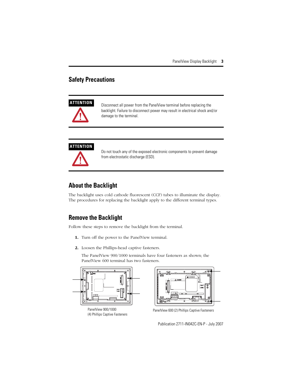 Safety precautions, About the backlight, Remove the backlight | Safety precautions about the backlight | Rockwell Automation 2711-NL2_NL3_NL4 Display Backlight User Manual | Page 3 / 8