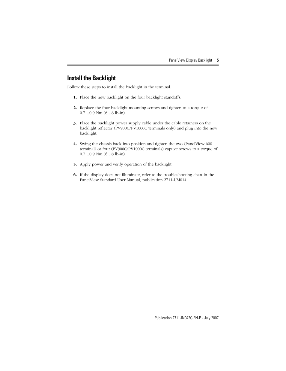 Install the backlight | Rockwell Automation 2711-NL2_NL3_NL4 Display Backlight User Manual | Page 5 / 8