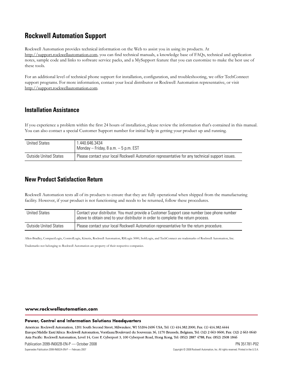 Rockwell automation support, Installation assistance, New product satisfaction return | Rockwell Automation 2099-K7KCB-1 Kinetix 7000 DC-DC Converter and Control Board Kits User Manual | Page 16 / 16