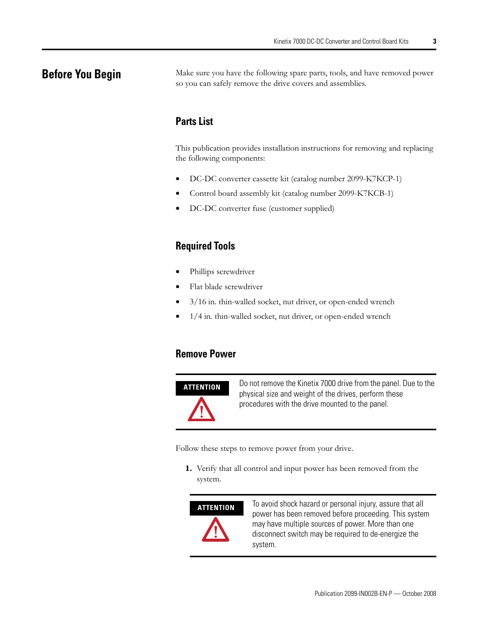 Before you begin, Parts list, Required tools | Remove power | Rockwell Automation 2099-K7KCB-1 Kinetix 7000 DC-DC Converter and Control Board Kits User Manual | Page 3 / 16