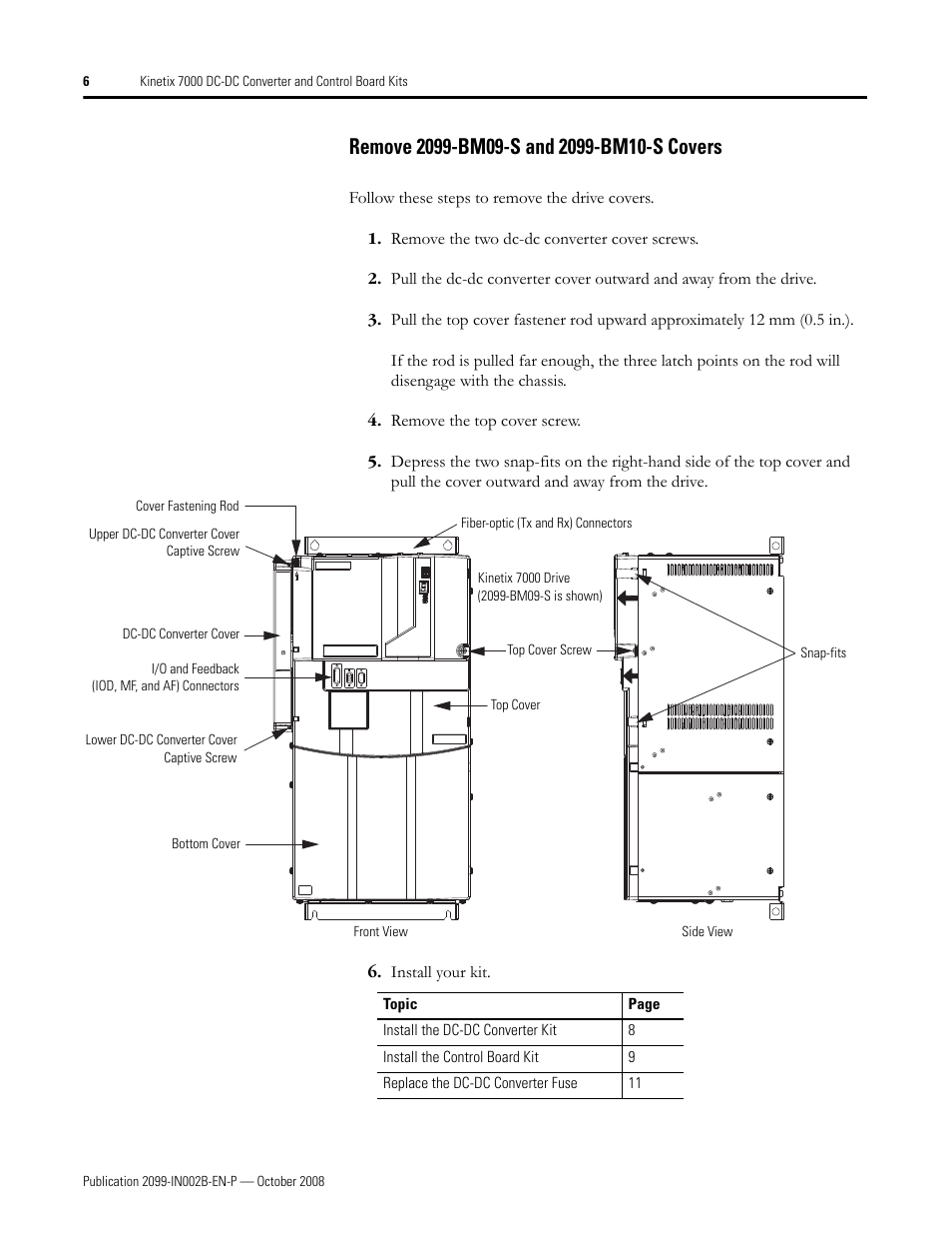 Remove 2099-bm09-s and 2099-bm10-s covers | Rockwell Automation 2099-K7KCB-1 Kinetix 7000 DC-DC Converter and Control Board Kits User Manual | Page 6 / 16