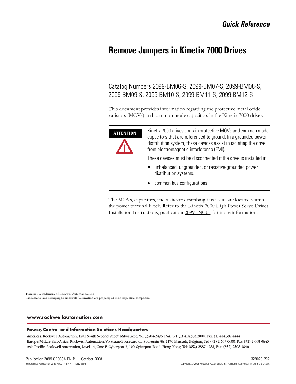 Rockwell Automation 2099-BM-xxx Remove Jumpers in Kinetix 7000 Drives User Manual | 2 pages