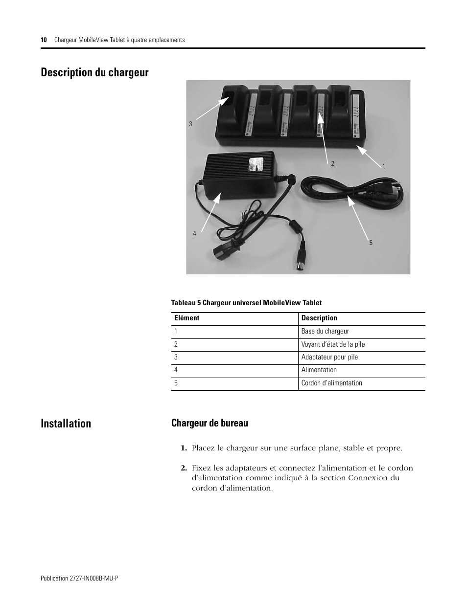 Description du chargeur, Installation, Description du chargeur installation | Chargeur de bureau | Rockwell Automation 2727-TRS74xx MobileView Tablet Quad Charging Station User Manual | Page 10 / 40