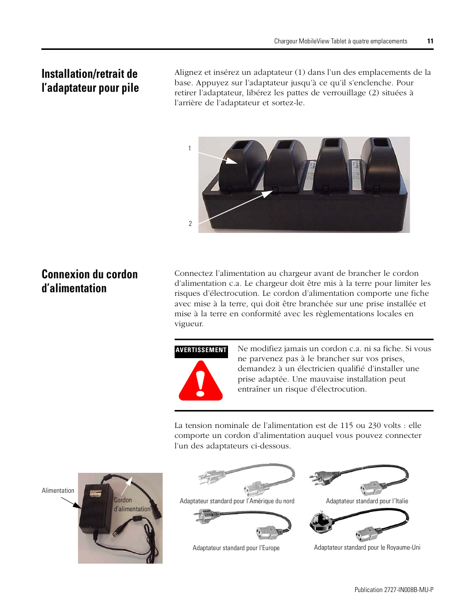 Installation/retrait de l’adaptateur pour pile, Connexion du cordon d’alimentation | Rockwell Automation 2727-TRS74xx MobileView Tablet Quad Charging Station User Manual | Page 11 / 40