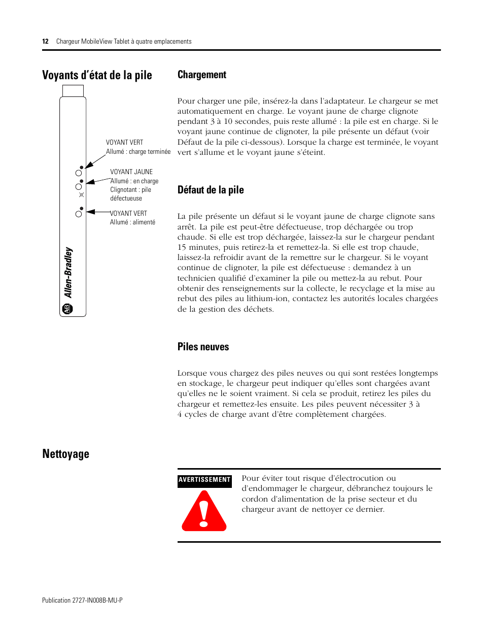 Voyants d’état de la pile, Nettoyage, Chargement | Défaut de la pile, Piles neuves | Rockwell Automation 2727-TRS74xx MobileView Tablet Quad Charging Station User Manual | Page 12 / 40