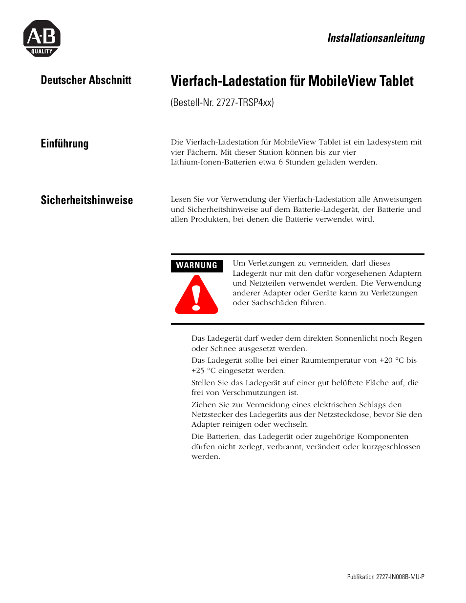 Deutscher abschnitt, Einführung, Sicherheitshinweise | Vierfach-ladestation für mobileview tablet | Rockwell Automation 2727-TRS74xx MobileView Tablet Quad Charging Station User Manual | Page 15 / 40