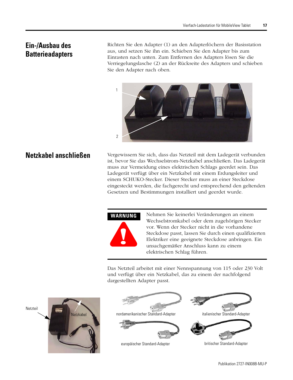 Ein-/ausbau des batterieadapters, Netzkabel anschließen | Rockwell Automation 2727-TRS74xx MobileView Tablet Quad Charging Station User Manual | Page 17 / 40