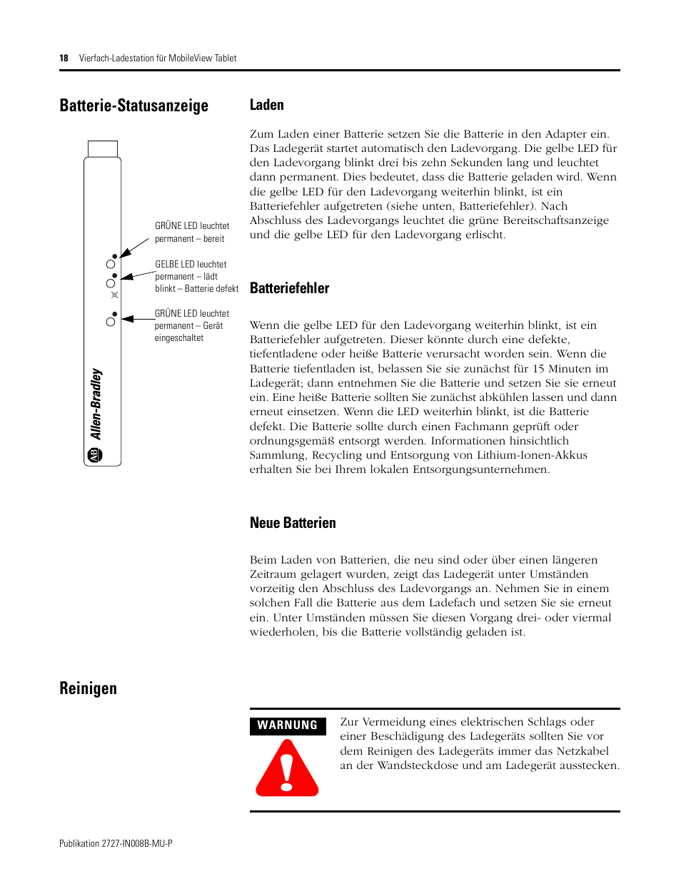 Batterie-statusanzeige, Reinigen, Laden | Batteriefehler, Neue batterien | Rockwell Automation 2727-TRS74xx MobileView Tablet Quad Charging Station User Manual | Page 18 / 40