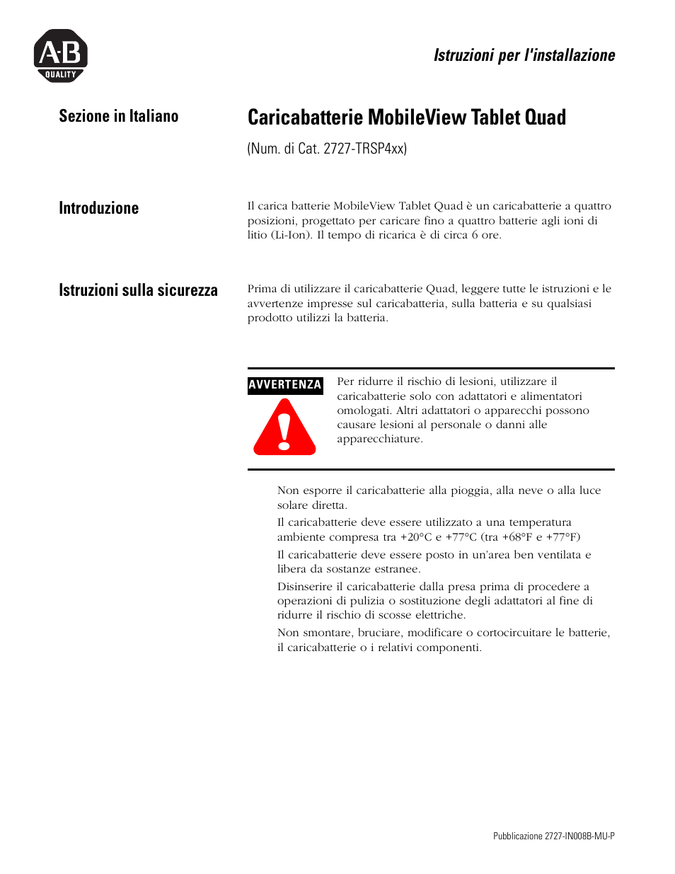 Sezione in italiano, Introduzione, Istruzioni sulla sicurezza | Caricabatterie mobileview tablet quad | Rockwell Automation 2727-TRS74xx MobileView Tablet Quad Charging Station User Manual | Page 21 / 40