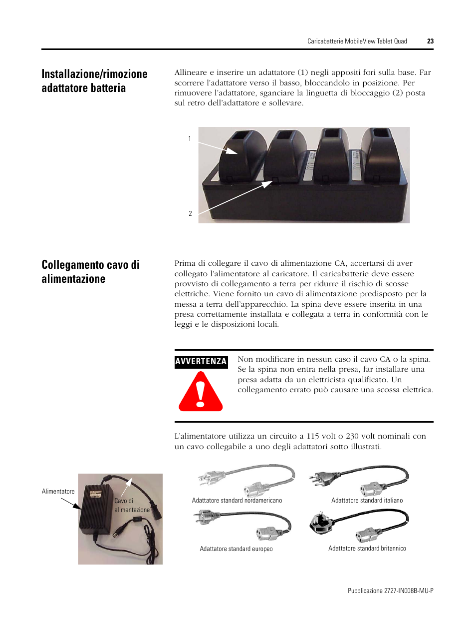 Installazione/rimozione adattatore batteria, Collegamento cavo di alimentazione | Rockwell Automation 2727-TRS74xx MobileView Tablet Quad Charging Station User Manual | Page 23 / 40