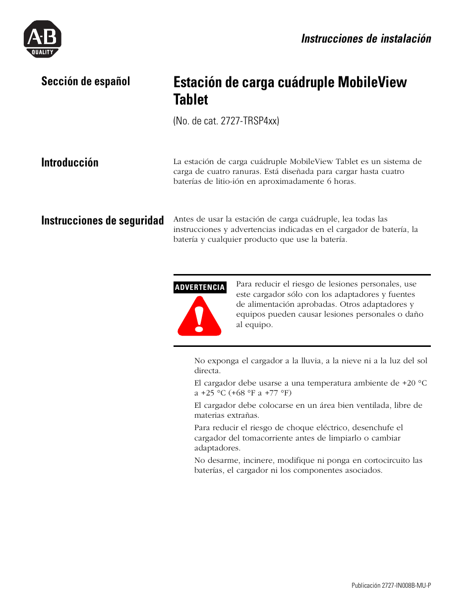 Sección de español, Introducción, Instrucciones de seguridad | Estación de carga cuádruple mobileview tablet | Rockwell Automation 2727-TRS74xx MobileView Tablet Quad Charging Station User Manual | Page 27 / 40