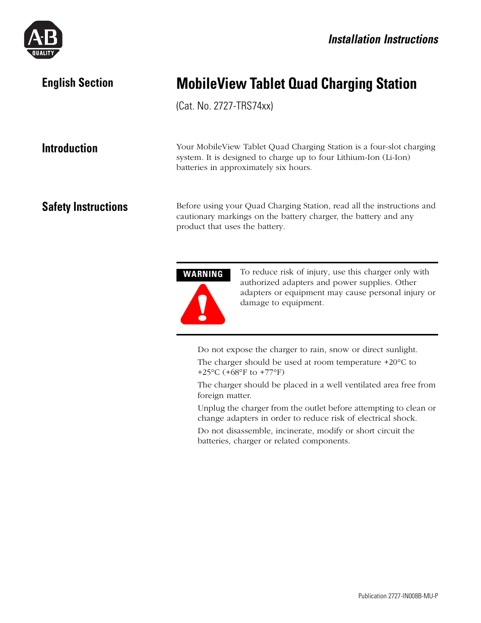 English section, Introduction, Safety instructions | Mobileview tablet quad charging station | Rockwell Automation 2727-TRS74xx MobileView Tablet Quad Charging Station User Manual | Page 3 / 40