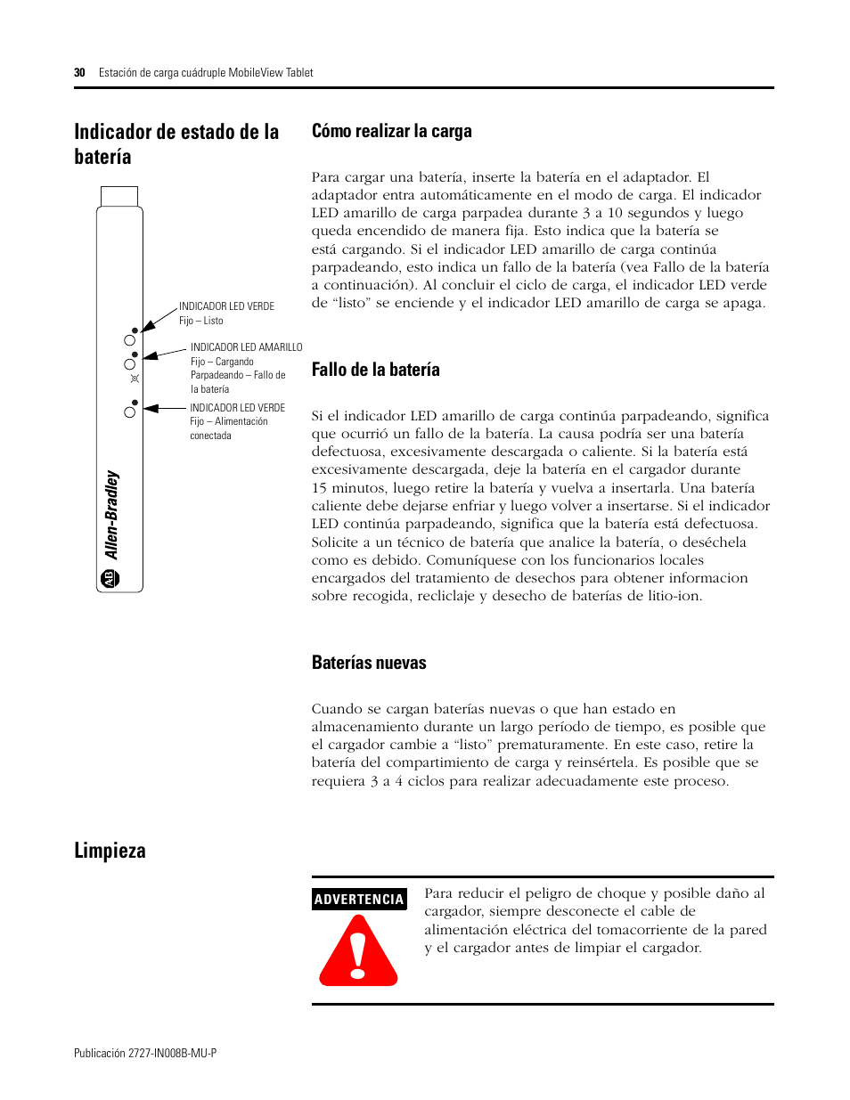 Indicador de estado de la batería, Limpieza, Cómo realizar la carga | Fallo de la batería, Baterías nuevas | Rockwell Automation 2727-TRS74xx MobileView Tablet Quad Charging Station User Manual | Page 30 / 40