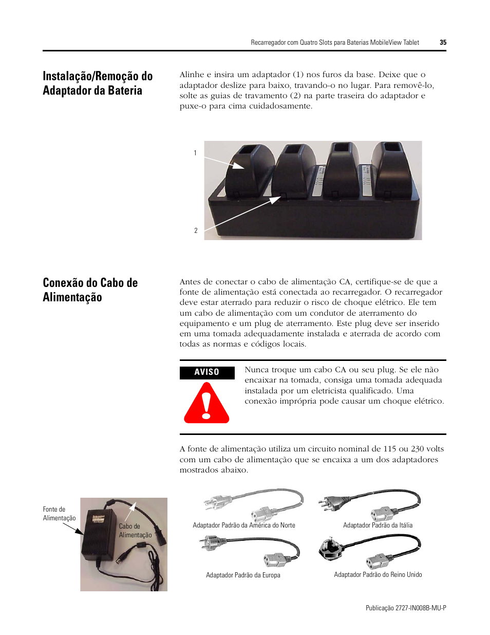 Instalação/remoção do adaptador da bateria, Conexão do cabo de alimentação | Rockwell Automation 2727-TRS74xx MobileView Tablet Quad Charging Station User Manual | Page 35 / 40