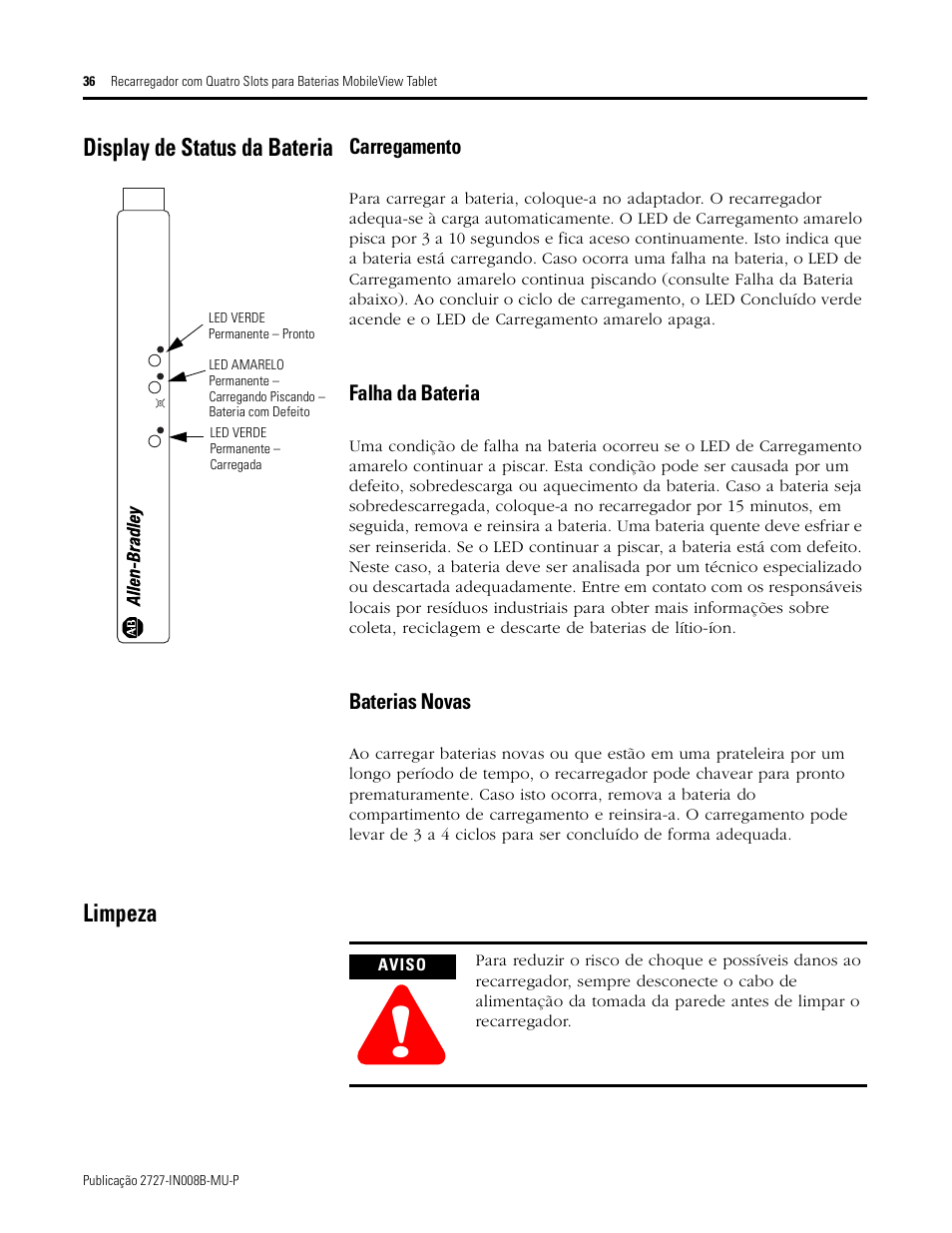 Display de status da bateria, Limpeza, Carregamento | Falha da bateria, Baterias novas | Rockwell Automation 2727-TRS74xx MobileView Tablet Quad Charging Station User Manual | Page 36 / 40