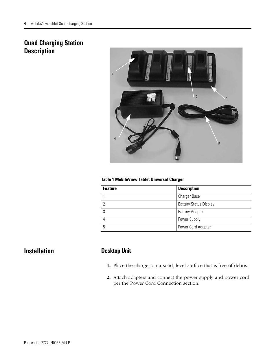 Quad charging station description, Installation, Quad charging station description installation | Desktop unit | Rockwell Automation 2727-TRS74xx MobileView Tablet Quad Charging Station User Manual | Page 4 / 40