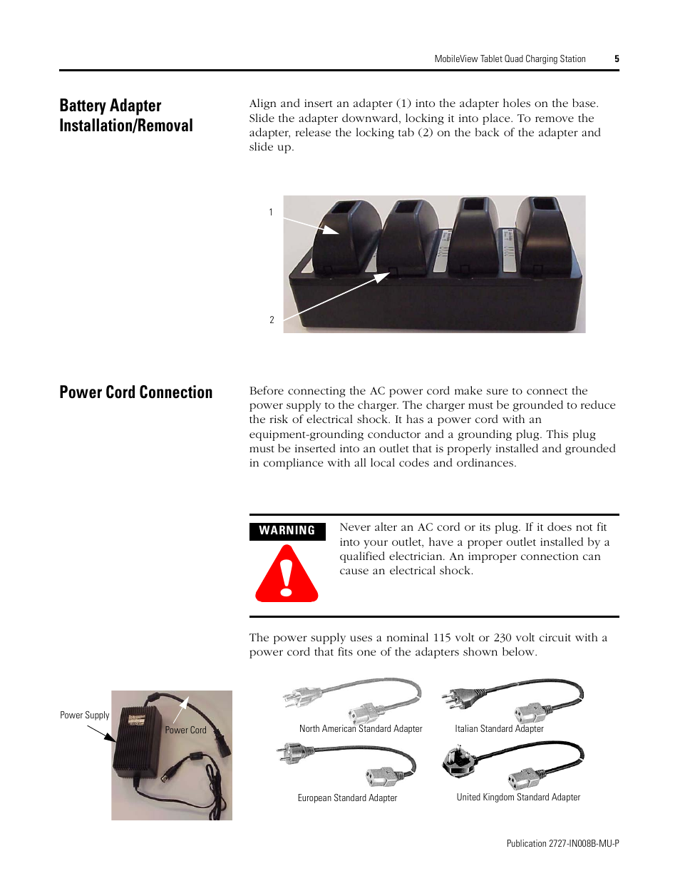 Battery adapter installation/removal, Power cord connection | Rockwell Automation 2727-TRS74xx MobileView Tablet Quad Charging Station User Manual | Page 5 / 40