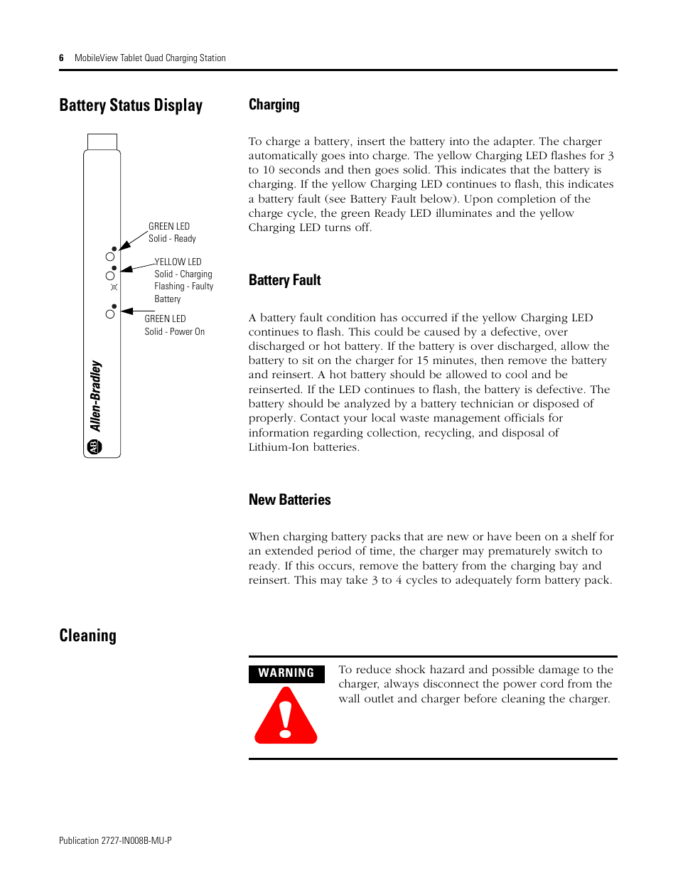 Battery status display, Cleaning, Charging | Battery fault, New batteries | Rockwell Automation 2727-TRS74xx MobileView Tablet Quad Charging Station User Manual | Page 6 / 40