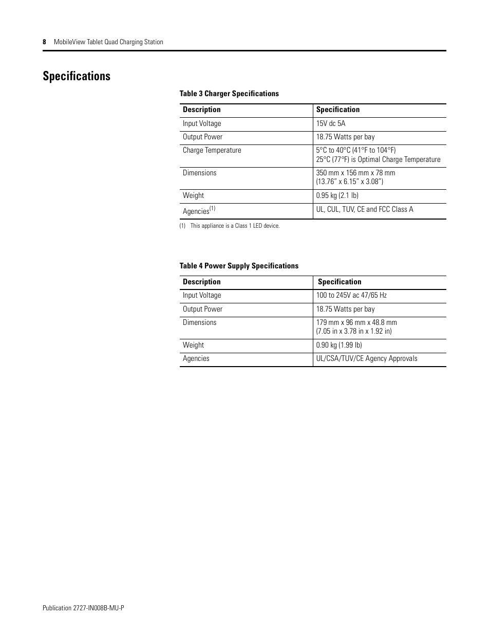 Specifications | Rockwell Automation 2727-TRS74xx MobileView Tablet Quad Charging Station User Manual | Page 8 / 40