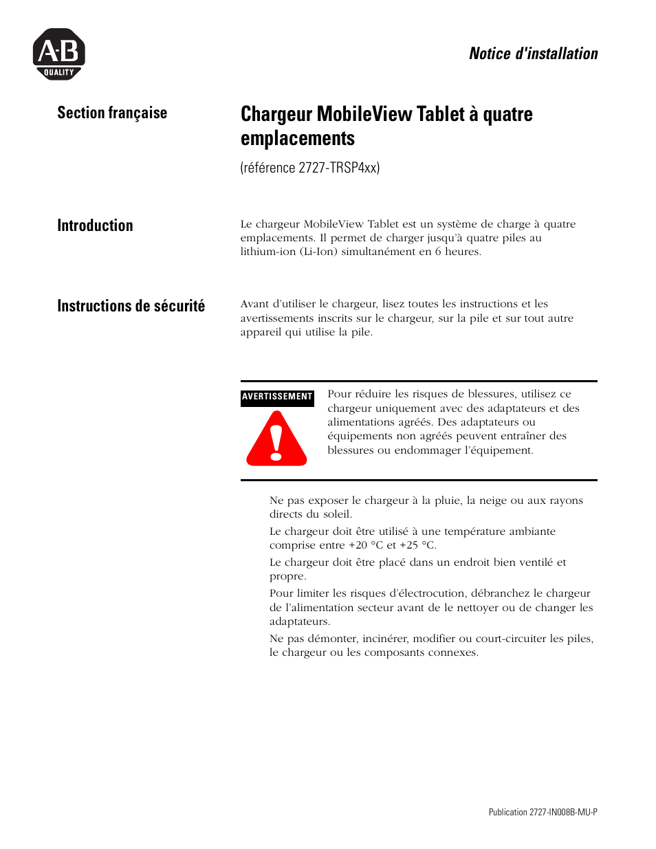 Section française, Introduction, Instructions de sécurité | Chargeur mobileview tablet à quatre emplacements | Rockwell Automation 2727-TRS74xx MobileView Tablet Quad Charging Station User Manual | Page 9 / 40