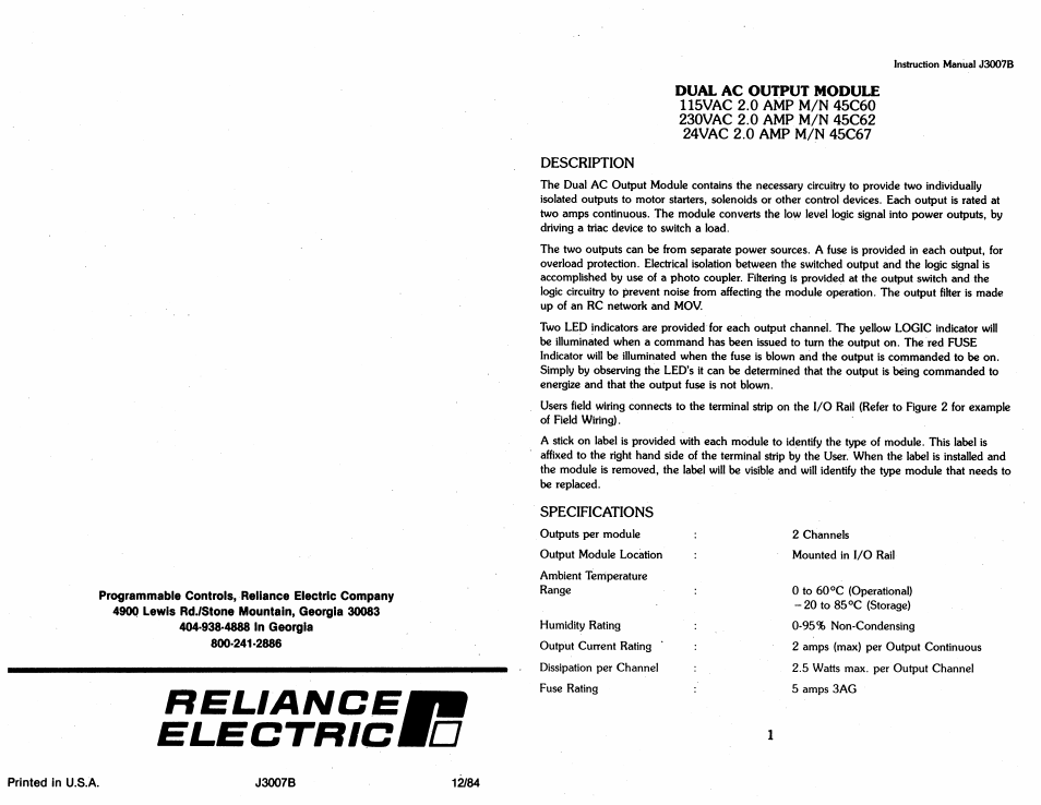 Rockwell Automation 45C67 Dual AC Output Modules User Manual | 4 pages