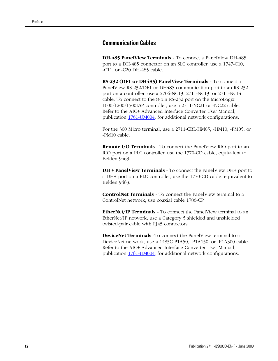 Communication cables | Rockwell Automation 2711-ND3 PanelBuilder32 Quick Start Manual User Manual | Page 12 / 120