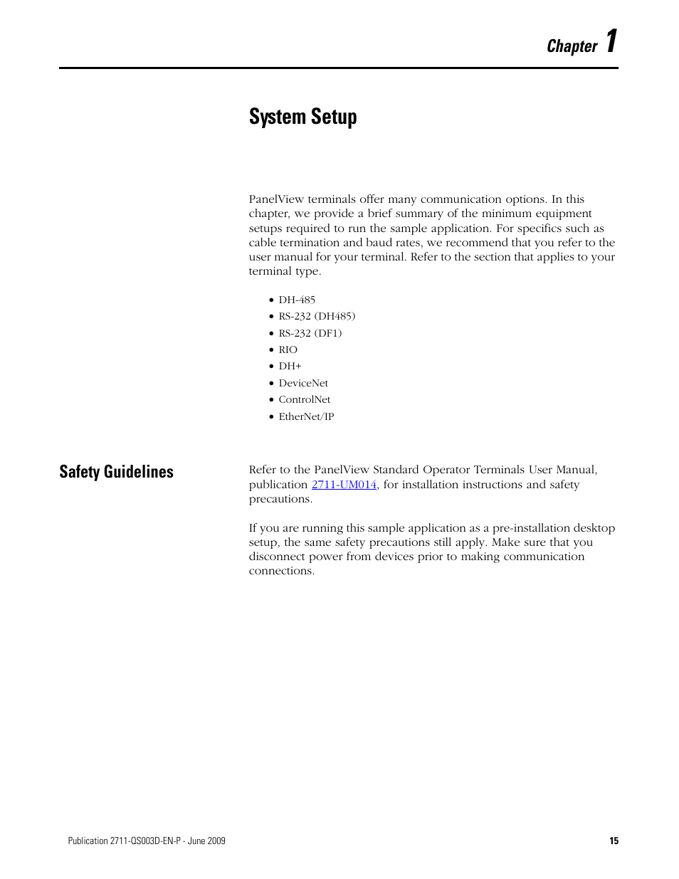 1 - system setup, Safety guidelines, Chapter 1 | System setup, Chapter | Rockwell Automation 2711-ND3 PanelBuilder32 Quick Start Manual User Manual | Page 15 / 120