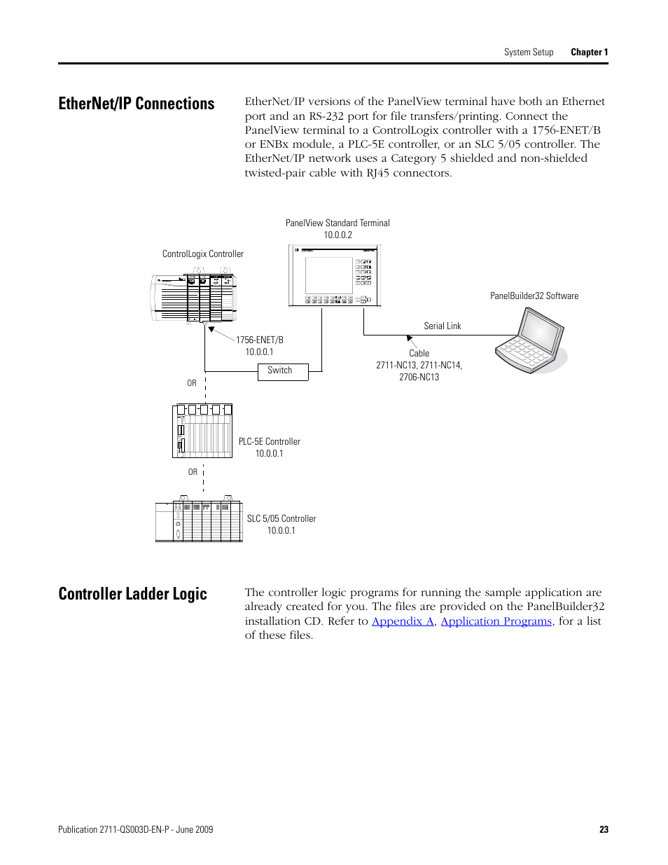 Ethernet/ip connections, Controller ladder logic, Ethernet/ip connections controller ladder logic | Rockwell Automation 2711-ND3 PanelBuilder32 Quick Start Manual User Manual | Page 23 / 120