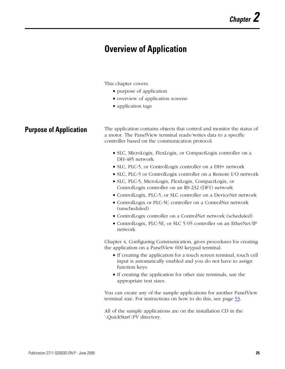 2 - overview of application, Purpose of application, Chapter 2 | Overview of application, Chapter | Rockwell Automation 2711-ND3 PanelBuilder32 Quick Start Manual User Manual | Page 25 / 120
