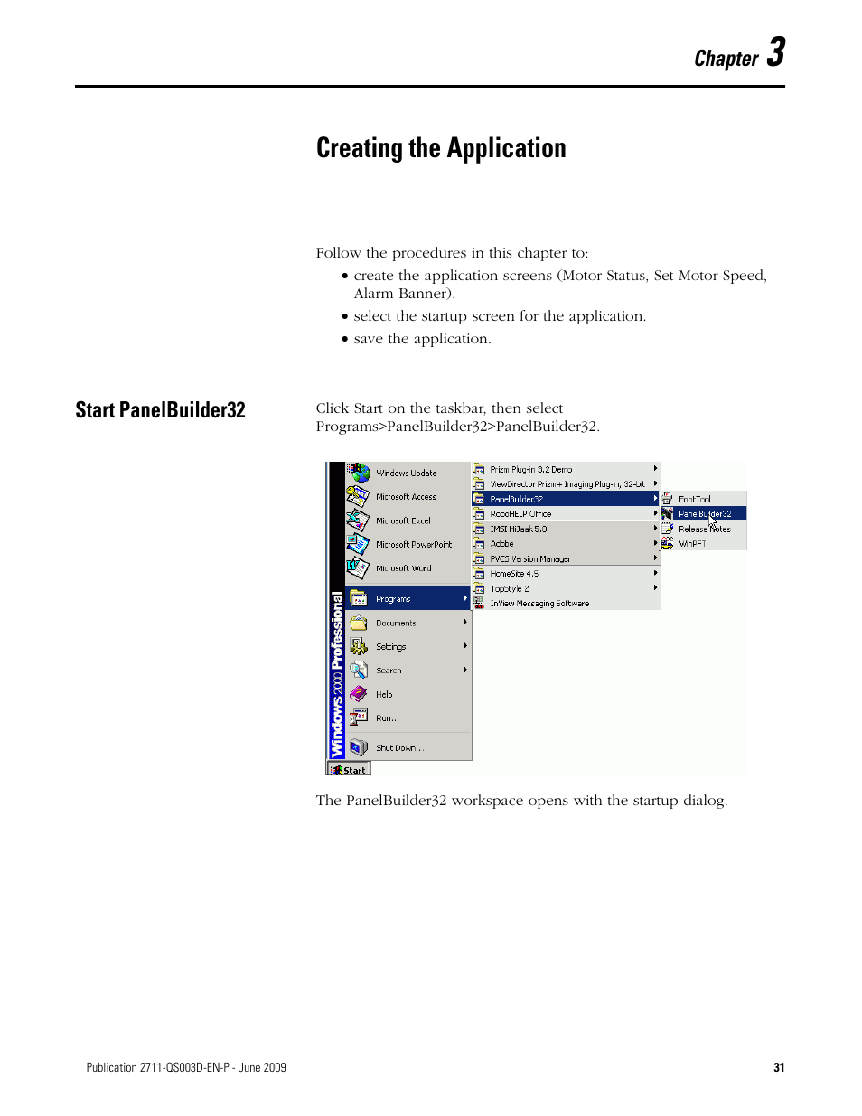 3 - creating the application, Start panelbuilder32, Chapter 3 | Creating the application, Chapter | Rockwell Automation 2711-ND3 PanelBuilder32 Quick Start Manual User Manual | Page 31 / 120
