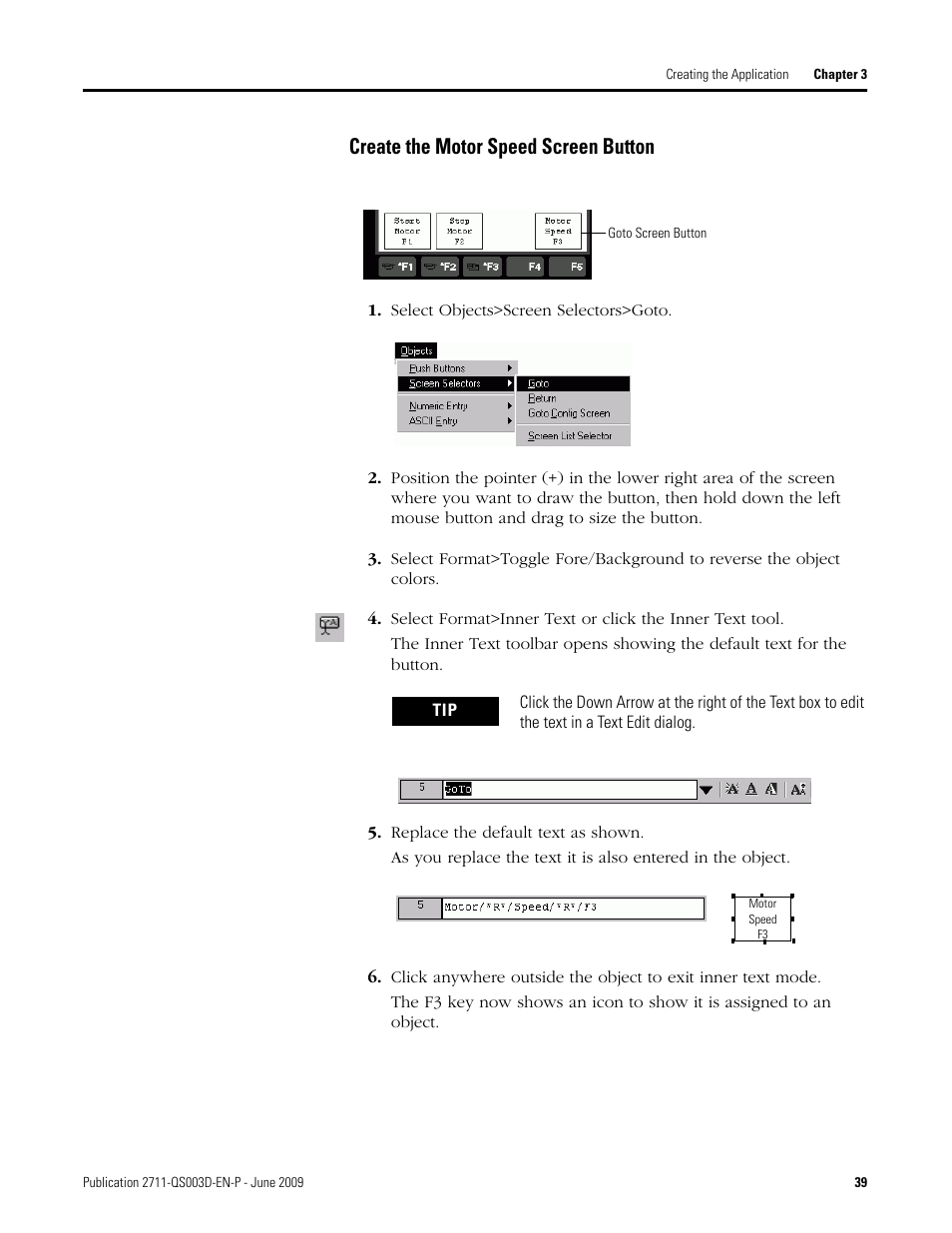 Create the motor speed screen button | Rockwell Automation 2711-ND3 PanelBuilder32 Quick Start Manual User Manual | Page 39 / 120