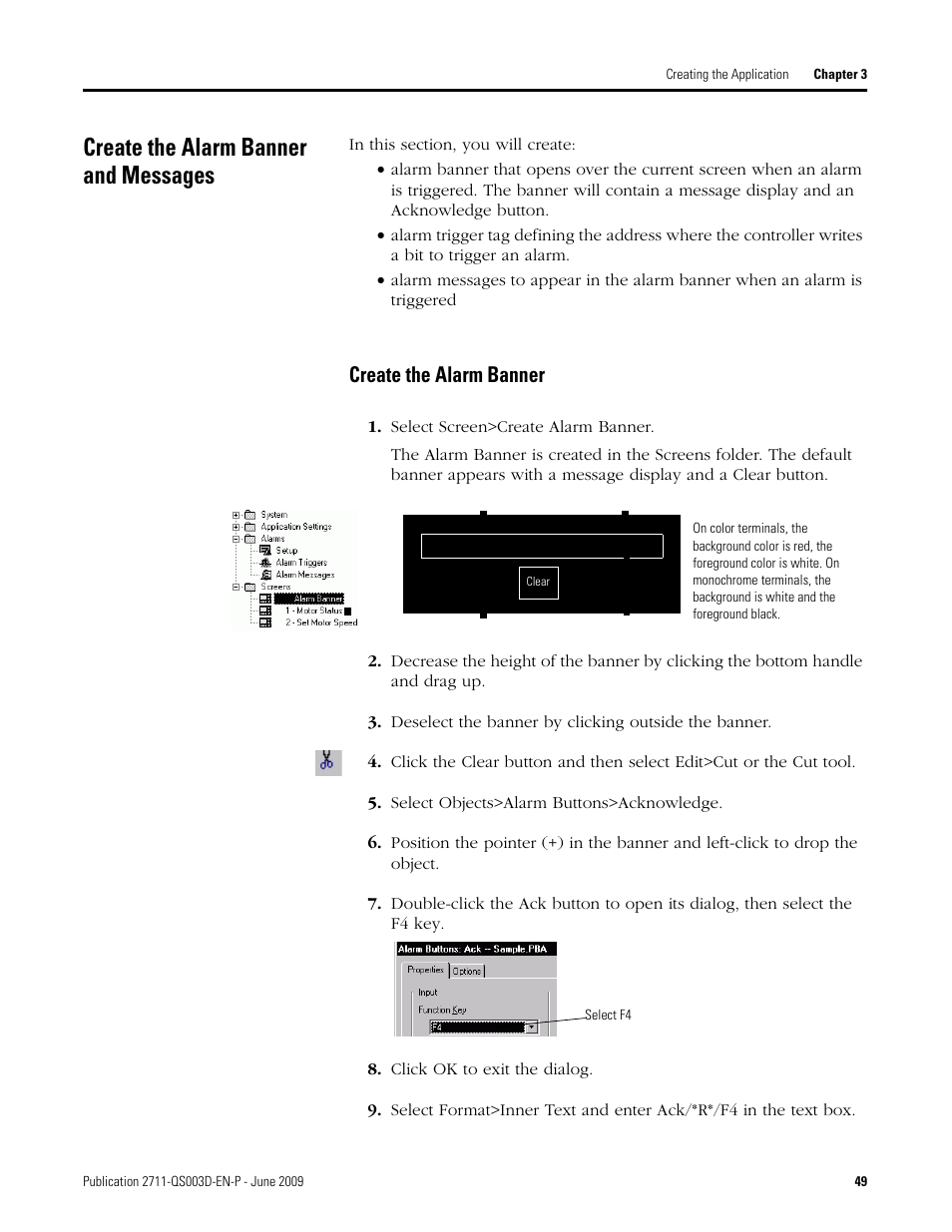 Create the alarm banner and messages, Create the alarm banner | Rockwell Automation 2711-ND3 PanelBuilder32 Quick Start Manual User Manual | Page 49 / 120