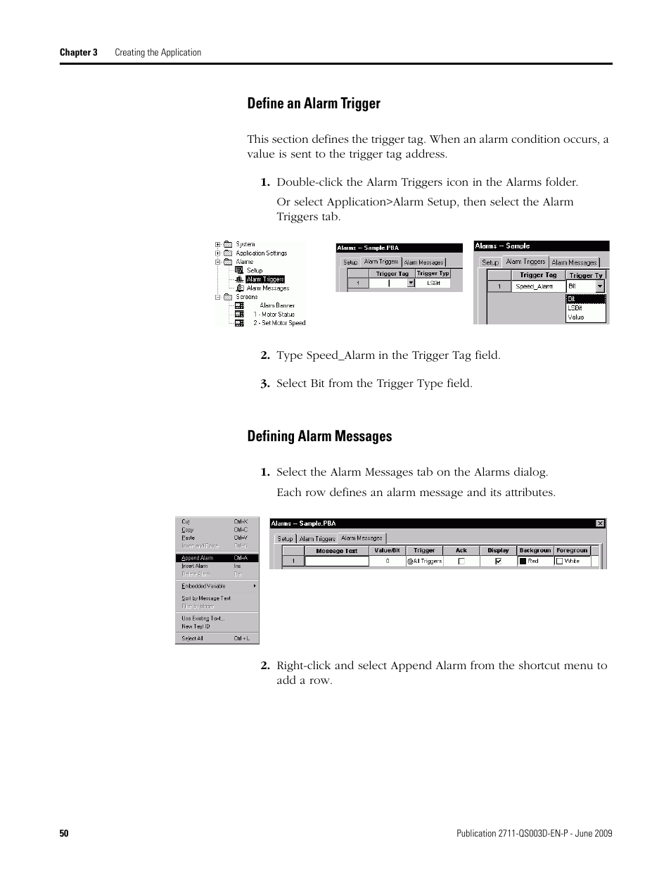Define an alarm trigger, Defining alarm messages, Define an alarm trigger defining alarm messages | Rockwell Automation 2711-ND3 PanelBuilder32 Quick Start Manual User Manual | Page 50 / 120