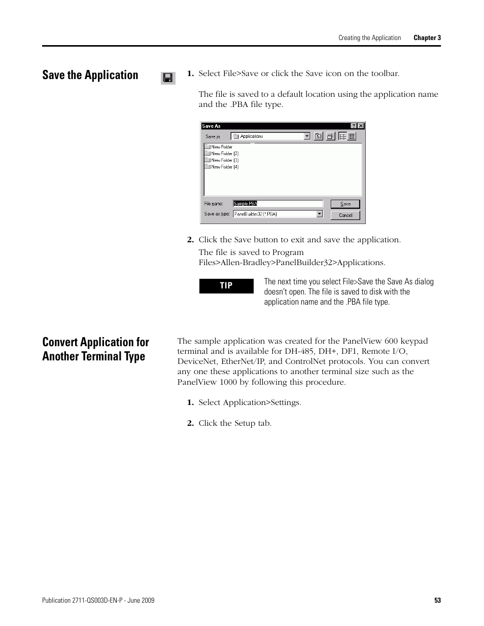 Save the application, Convert application for another terminal type | Rockwell Automation 2711-ND3 PanelBuilder32 Quick Start Manual User Manual | Page 53 / 120