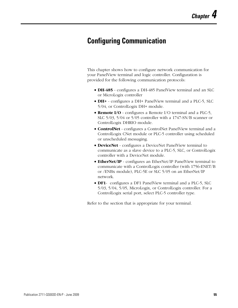 4 - configuring communication, Chapter 4, Configuring communication | Chapter | Rockwell Automation 2711-ND3 PanelBuilder32 Quick Start Manual User Manual | Page 55 / 120