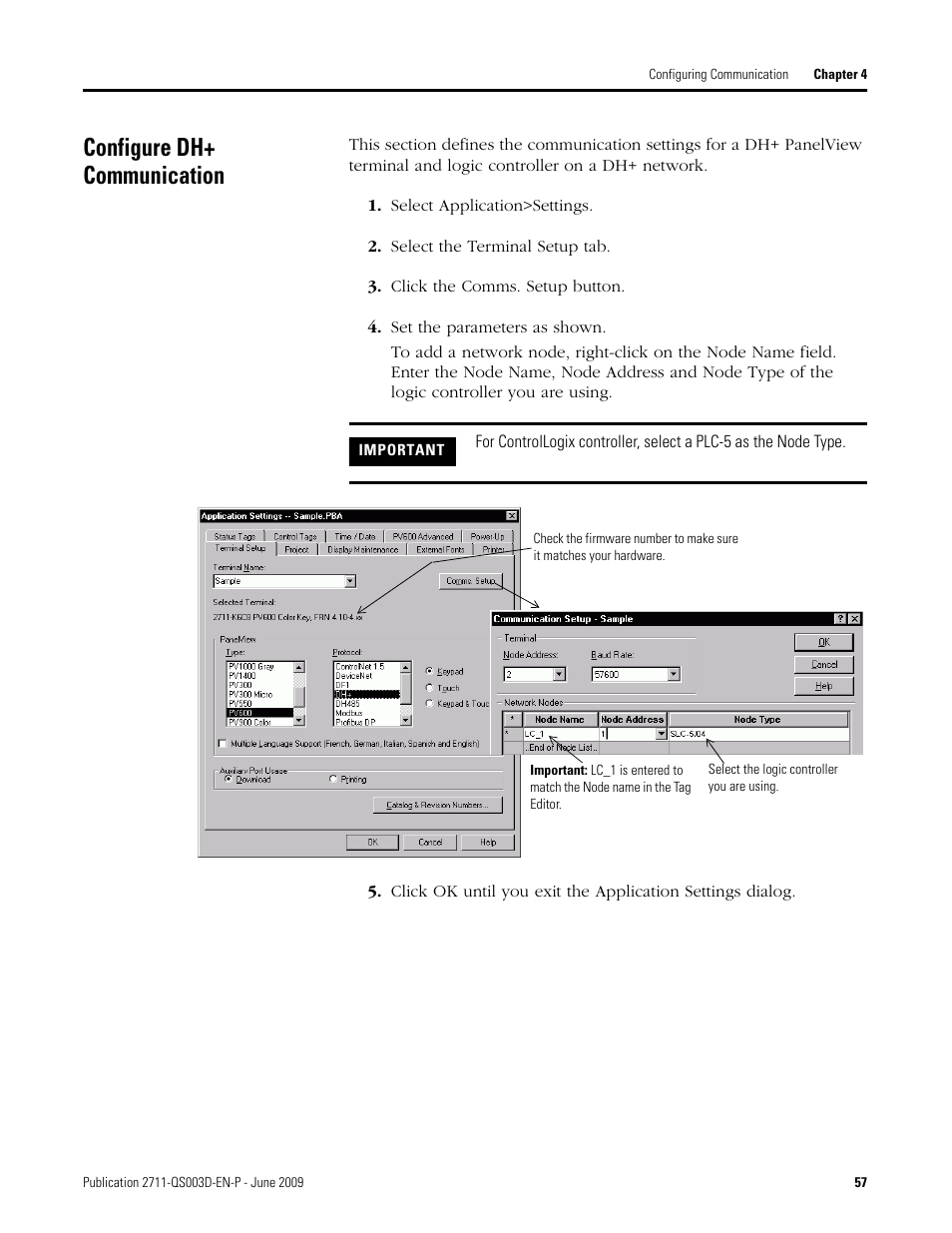 Configure dh+ communication | Rockwell Automation 2711-ND3 PanelBuilder32 Quick Start Manual User Manual | Page 57 / 120