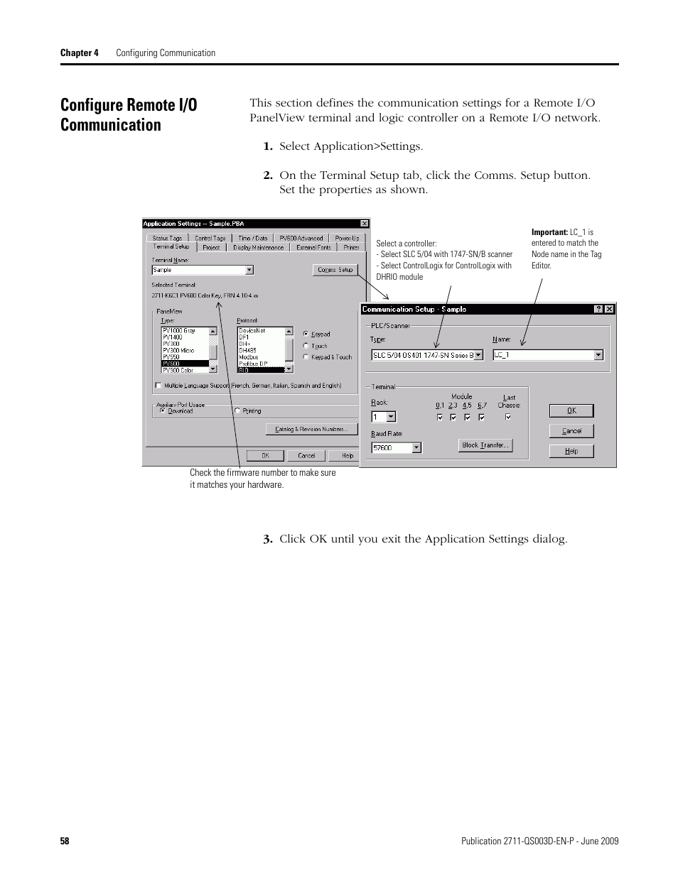 Configure remote i/o communication | Rockwell Automation 2711-ND3 PanelBuilder32 Quick Start Manual User Manual | Page 58 / 120