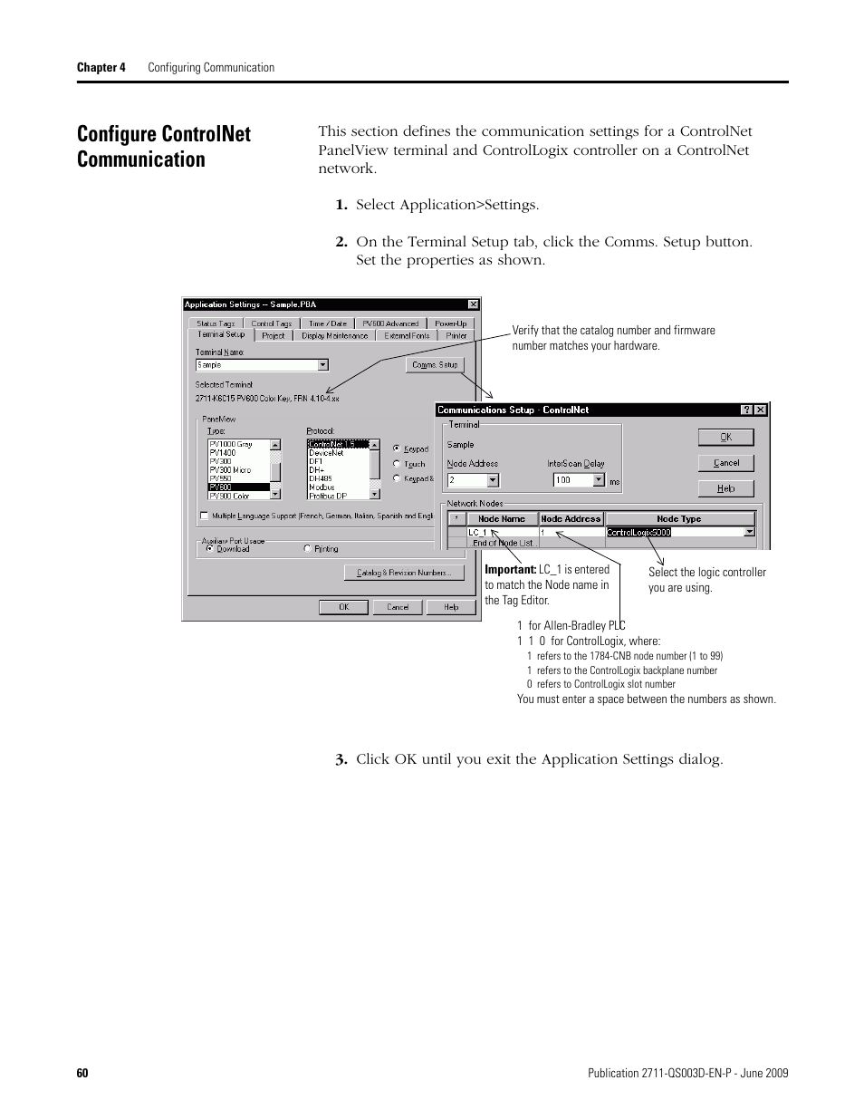 Configure controlnet communication | Rockwell Automation 2711-ND3 PanelBuilder32 Quick Start Manual User Manual | Page 60 / 120