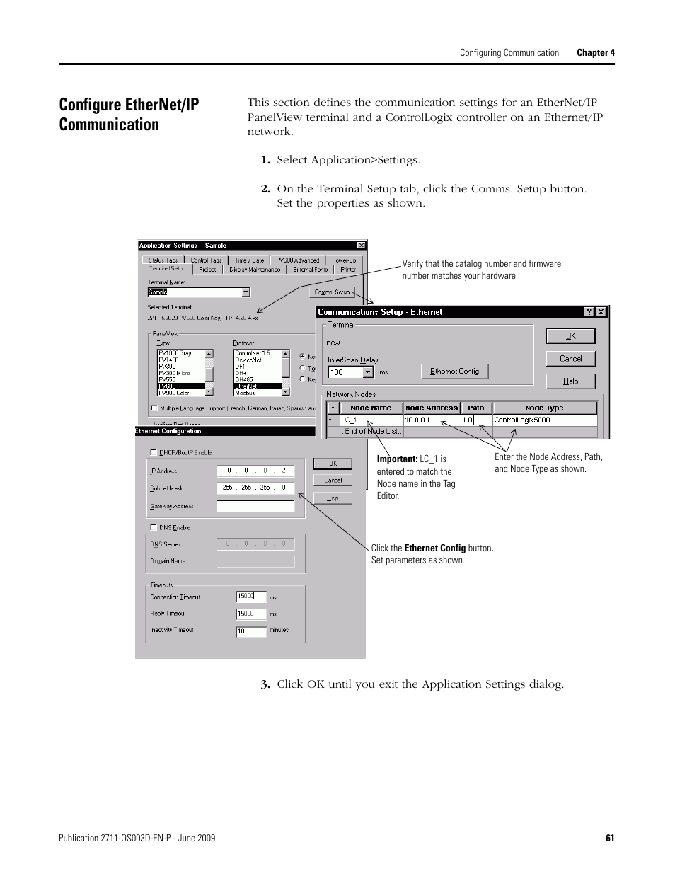 Configure ethernet/ip communication | Rockwell Automation 2711-ND3 PanelBuilder32 Quick Start Manual User Manual | Page 61 / 120